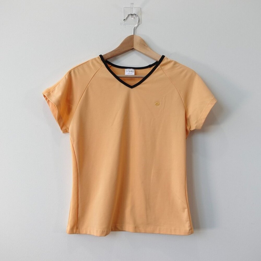 Peach Fuzz Sports Top Women Large V Neck Stretch Activewear Tee USA SO SPORTY
